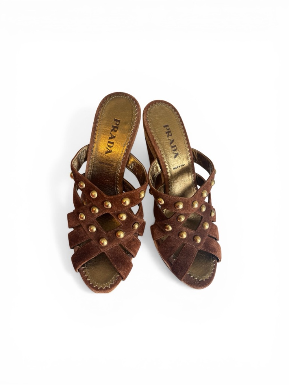 Prada Suede Studded Platforms Brown Cork Boho 70s Mules 37 US 7 Coastal Cowgirl